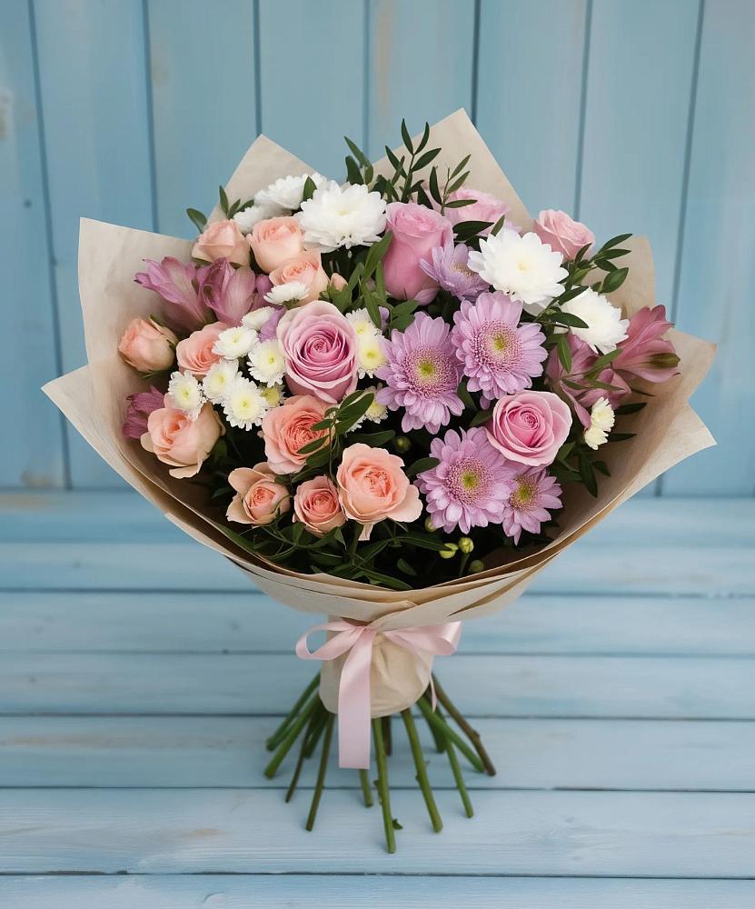Букет цветов из: Хризантемы, Розы и Альстромерии в Насадкино