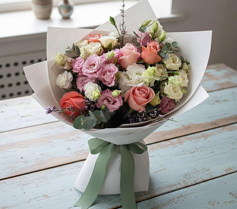 Букет цветов из: Розы, Лизиантусы и Гвоздики в Насадкино