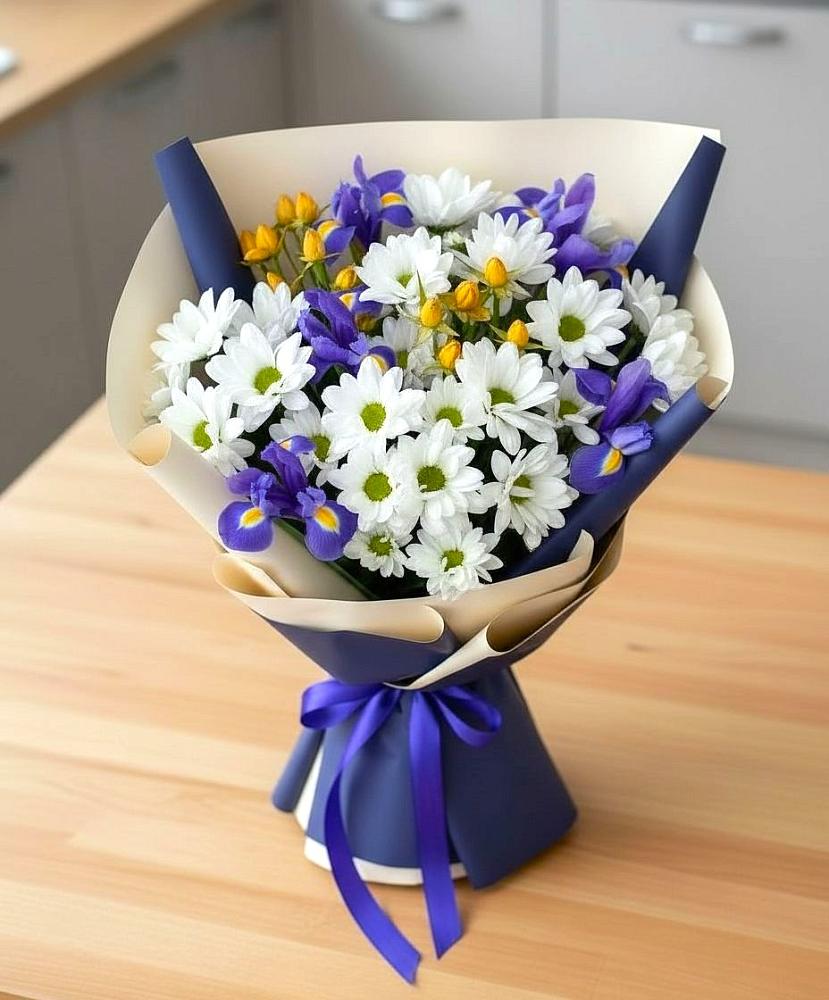 Букет цветов из: Розы, Ирисы и Хризантемы в Насадкино