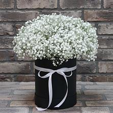Цветочная композиция из Гипсофила в шляпной коробке в Насадкино