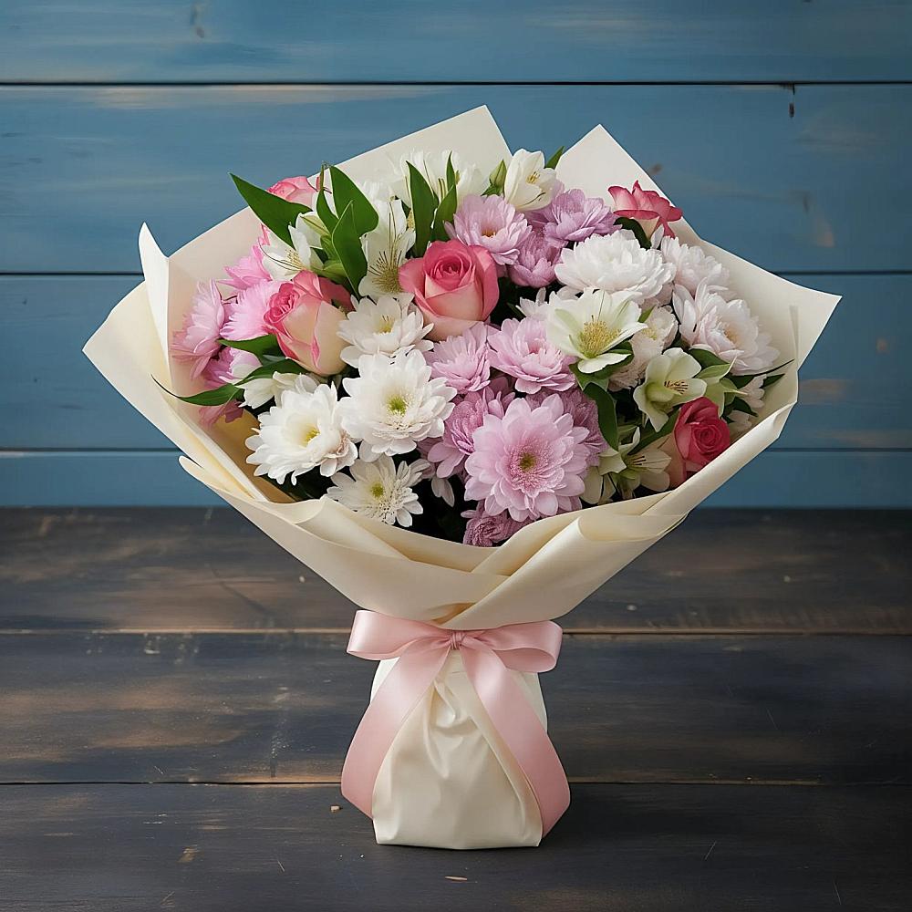 Букет цветов из: Хризантемы, Альстромерии и Розы в Насадкино